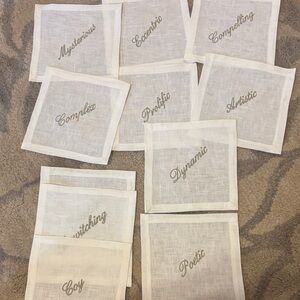 Embroidered White Linen Cocktail Napkins - Set with Positive Word Motifs